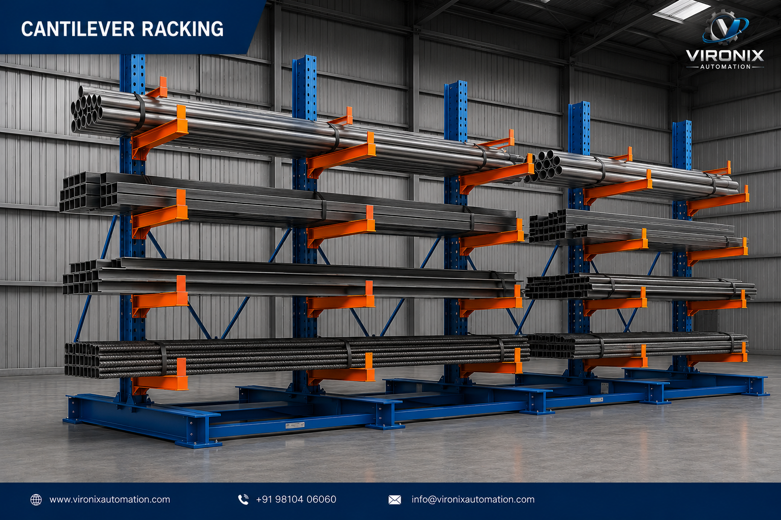 Heavy-duty cantilever rack system storing long steel pipes and timber in a warehouse