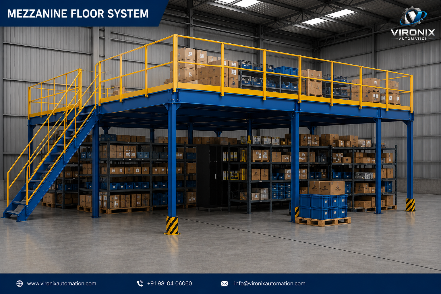Steel mezzanine floor structure inside a warehouse with staircase access and safety railings