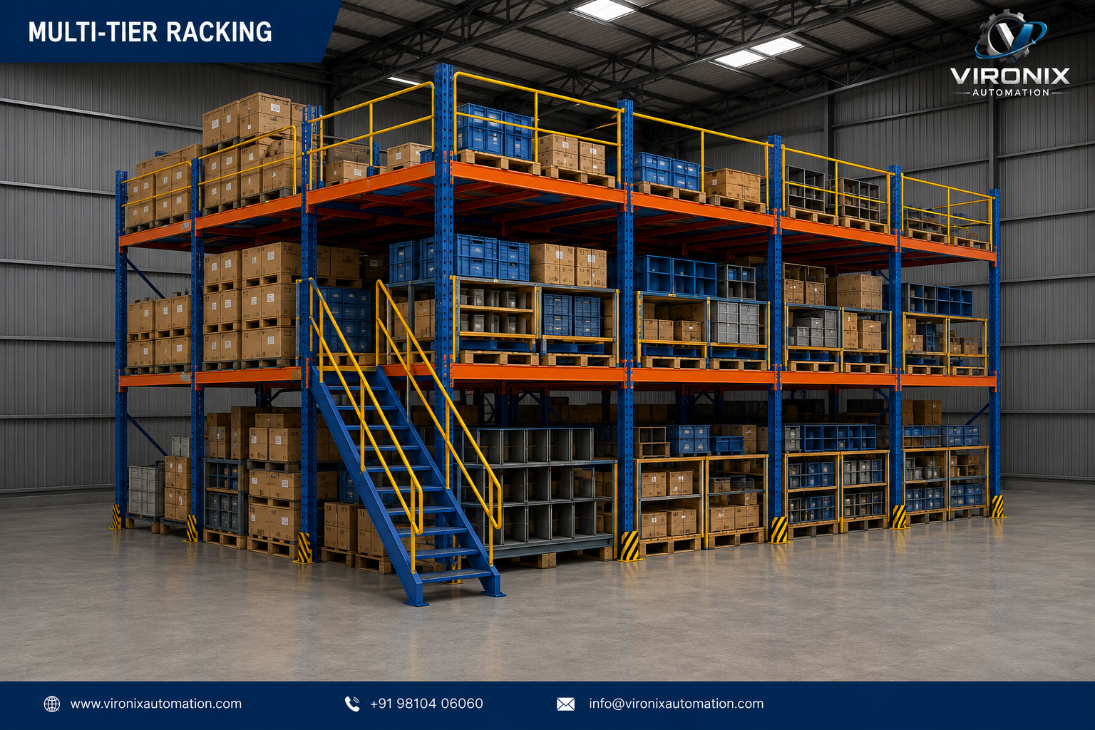 Multi-tier rack system with multiple walkable floors and staircase for dense warehouse storage