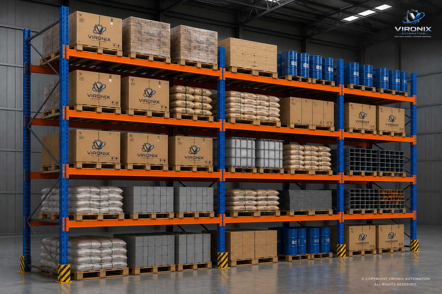 Selective Pallet Rack System with multiple bays of orange uprights and blue beams in a large warehouse