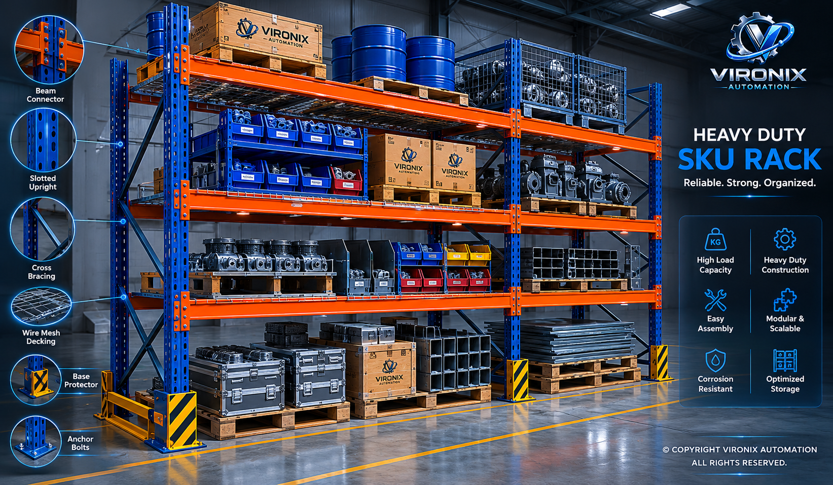Industrial multi-tier shelving system with organised storage in a distribution centre